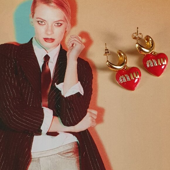 Heart Gold Miu Miu Dangle Earrings Charm Women Fashion Casual Formal Jewelry - Picture 4 of 5